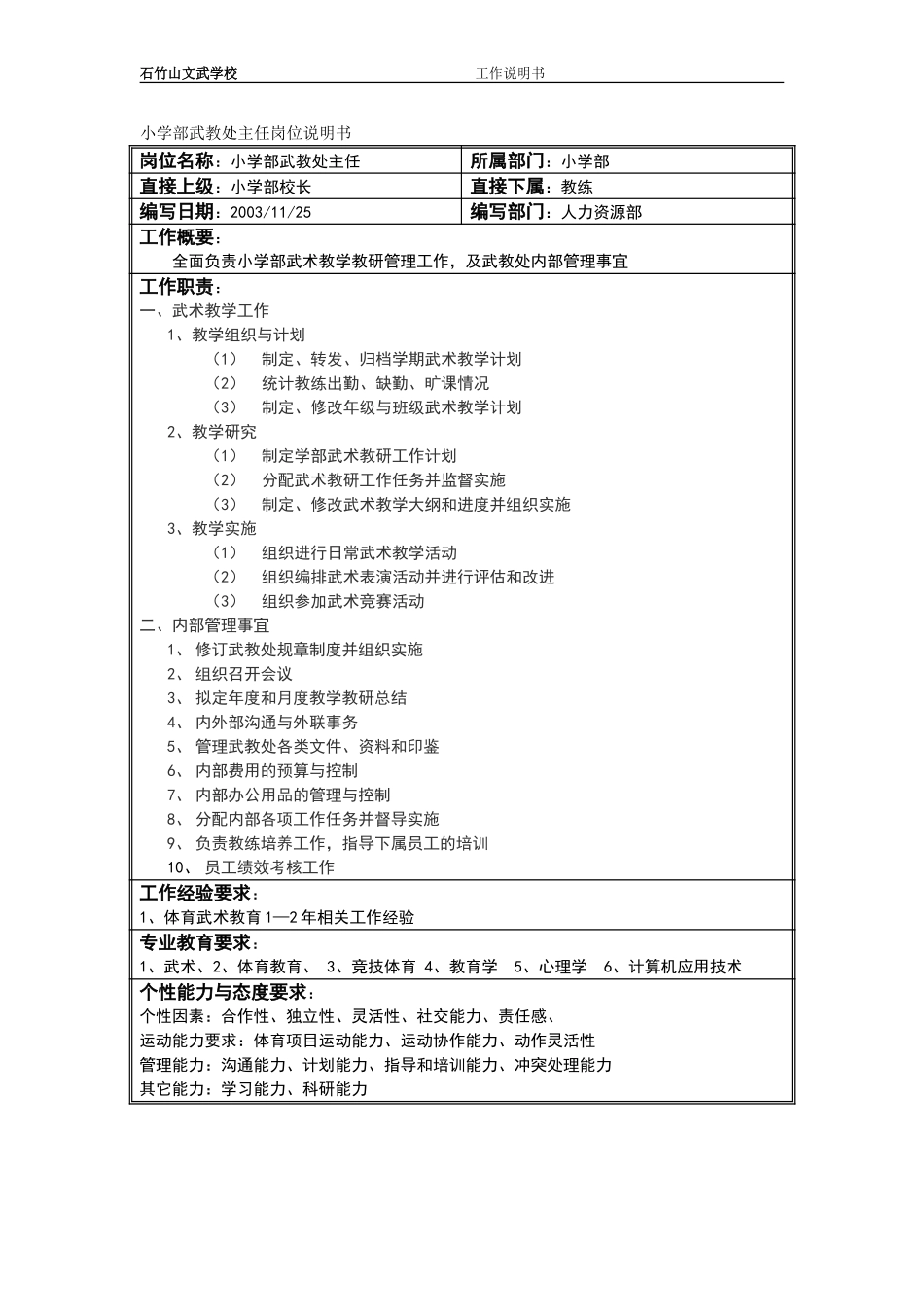 小学部武教处主任岗位说明书.doc_第1页