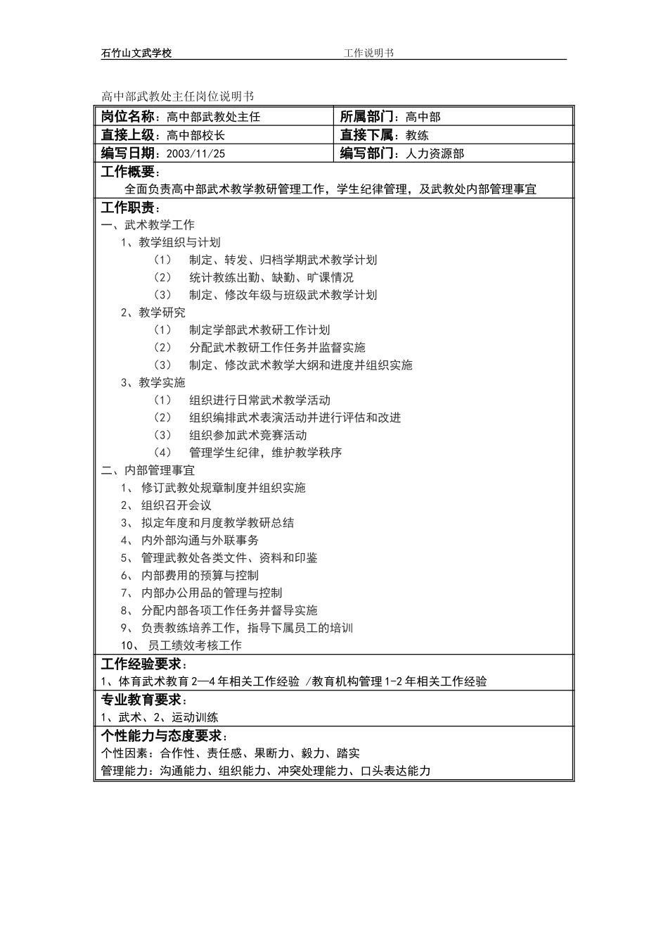 高中部武教处主任岗位说明书.doc_第1页