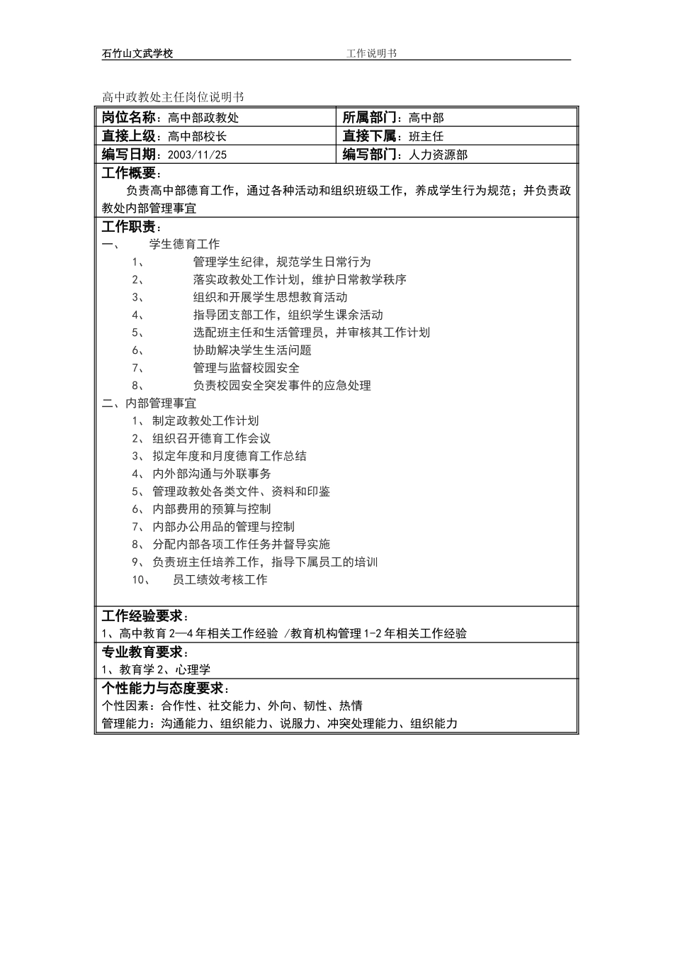 高中部政教处主任岗位说明书.doc_第1页