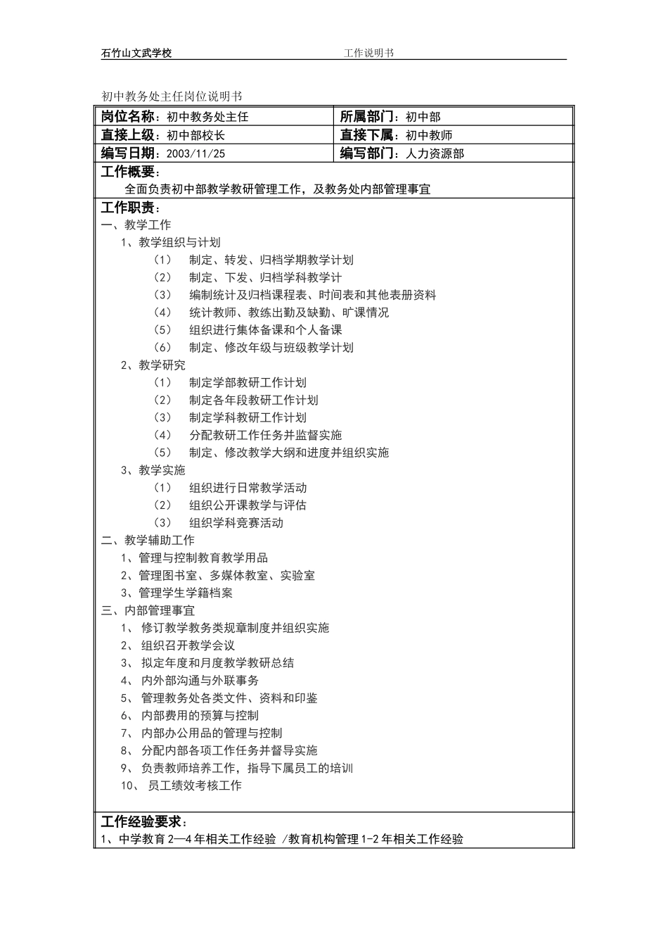初中部教务处主任岗位说明书.doc_第1页