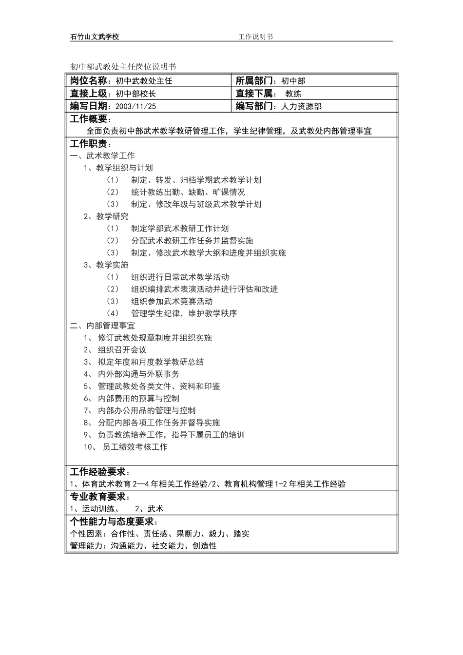 初中部武教处主任岗位说明书.doc_第1页