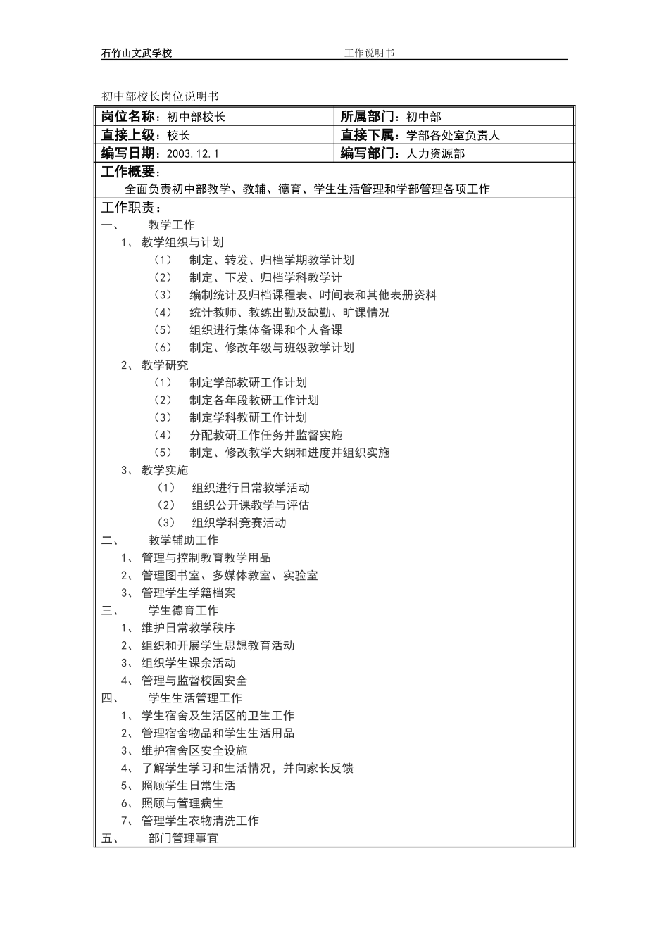 初中部校长岗位说明书.doc_第1页
