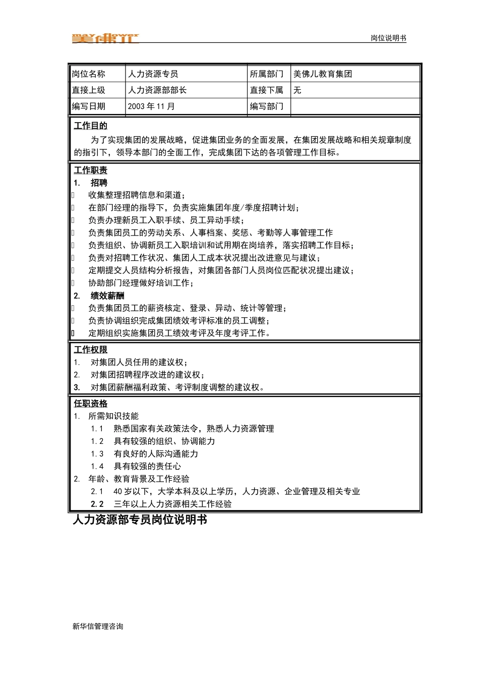 集团人力资源部专员岗位说明书.doc_第1页