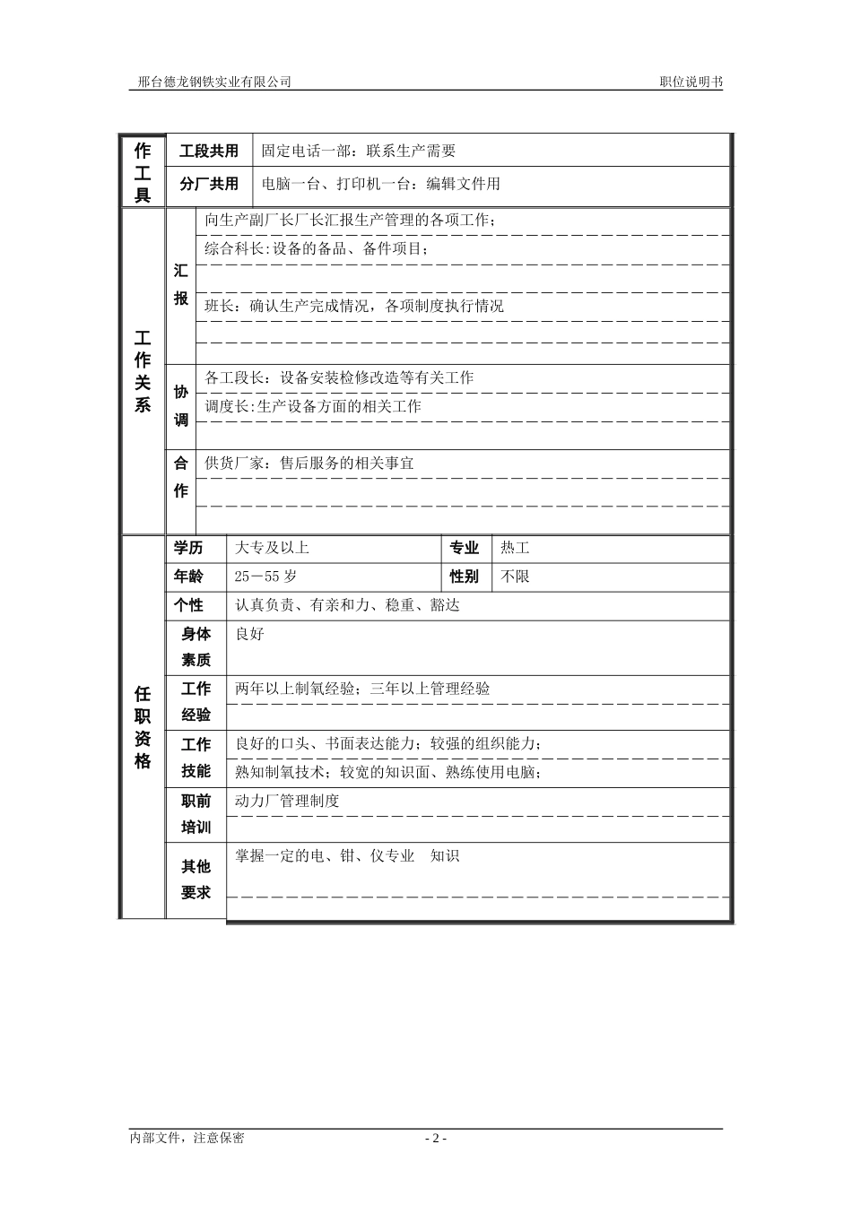 动力厂制氧段长职位说明书.doc_第2页