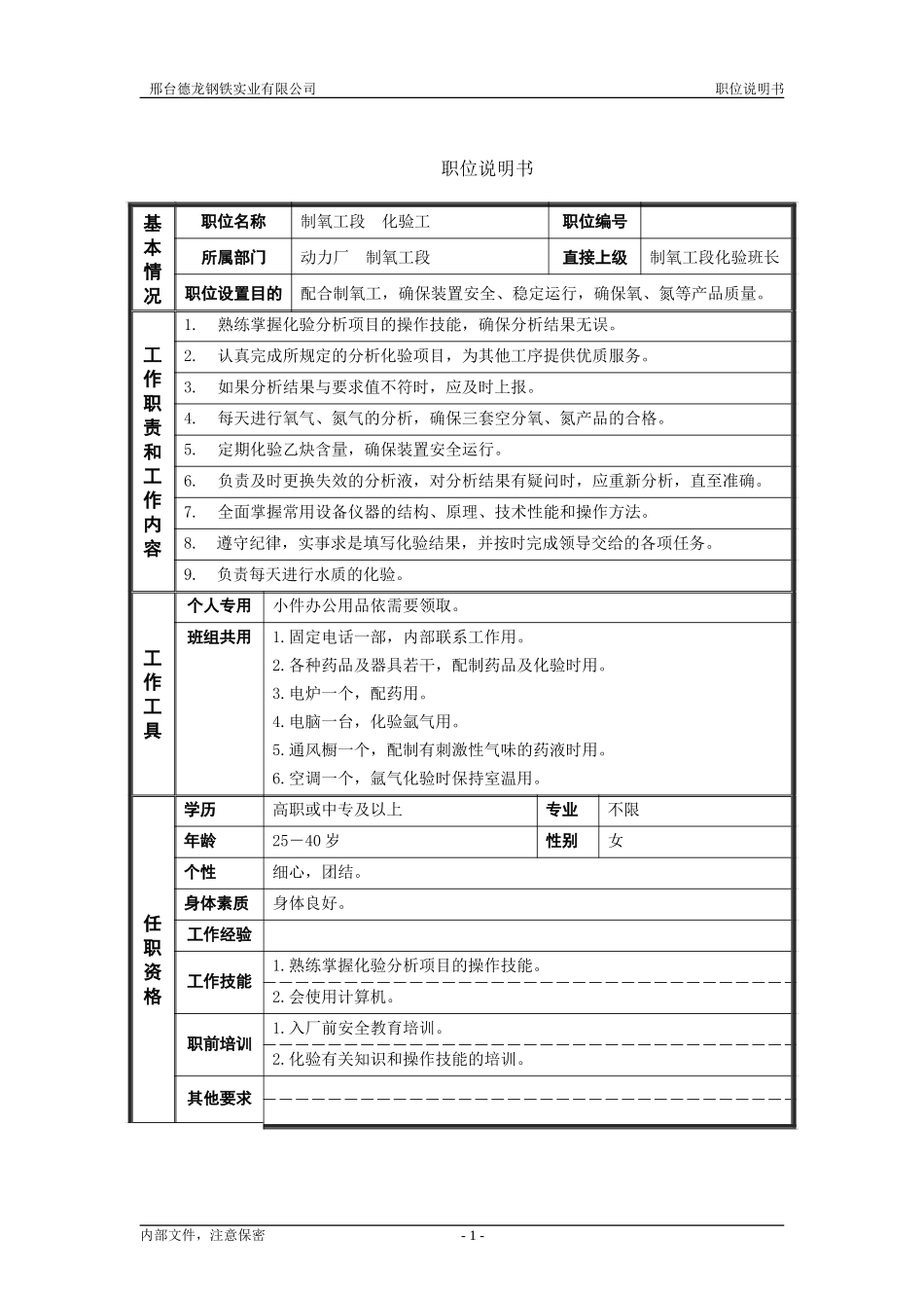 制氧工段化验工职位说明书.doc_第1页
