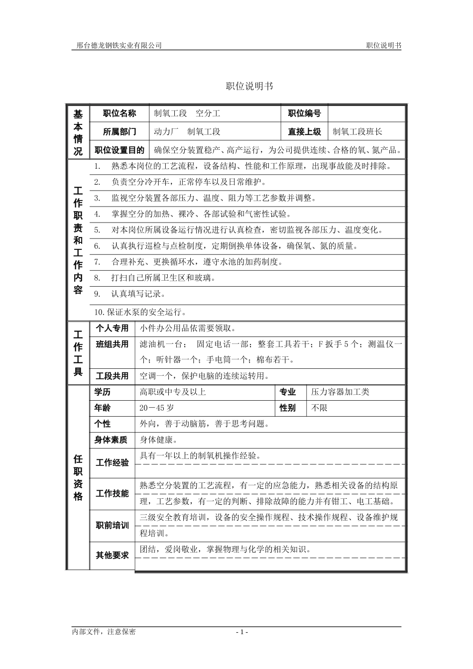 制氧工段空分工职位说明书.doc_第1页