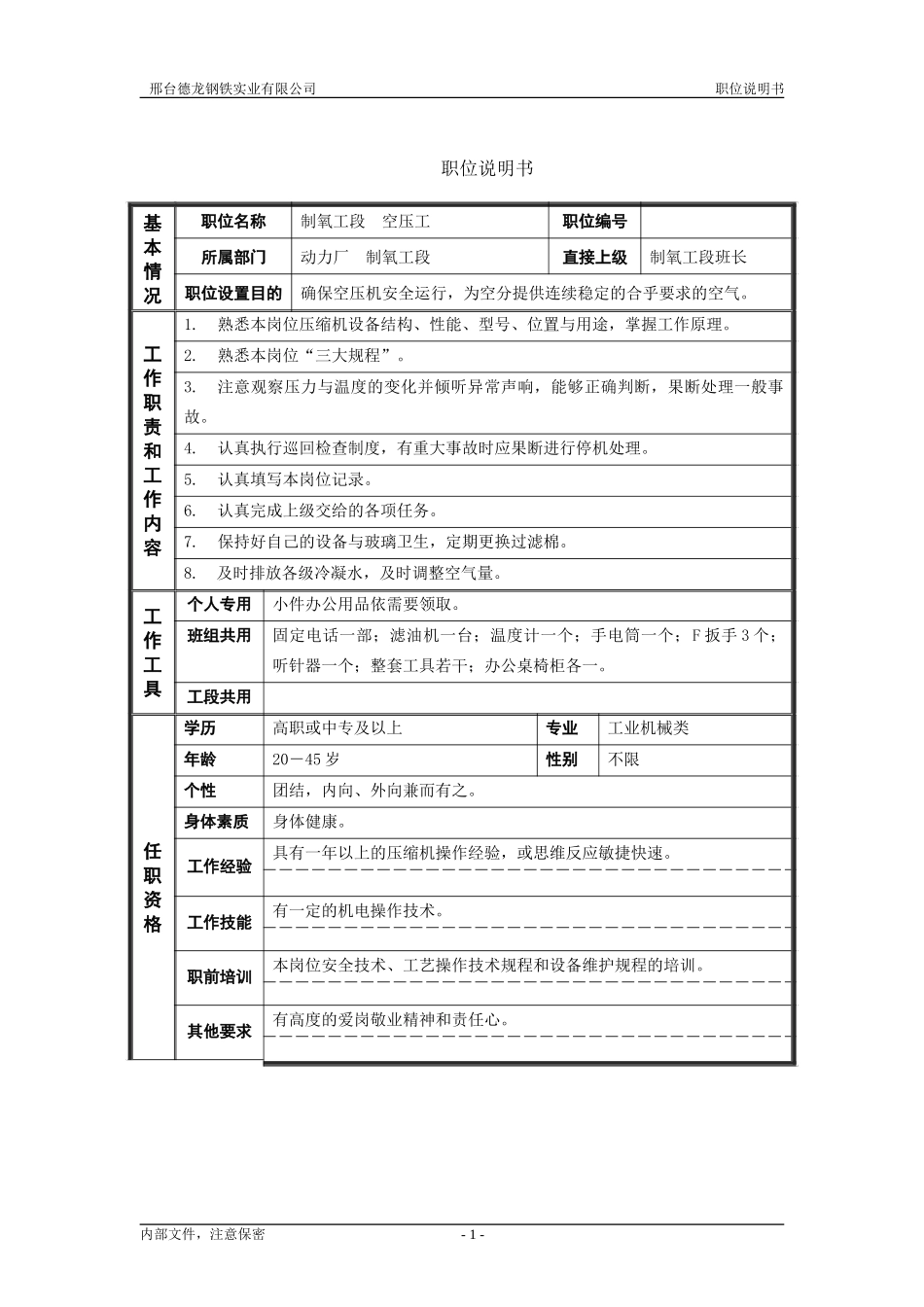 制氧工段空压工职位说明书.doc_第1页