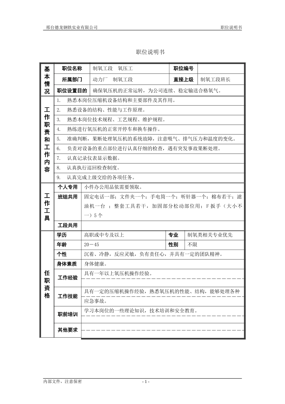 制氧工段氧压工职位说明书.doc_第1页