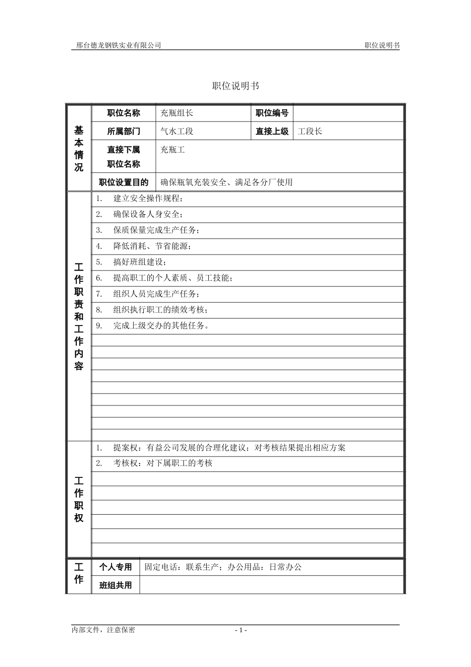 动力厂充瓶组长职位的职位说明书.doc_第1页