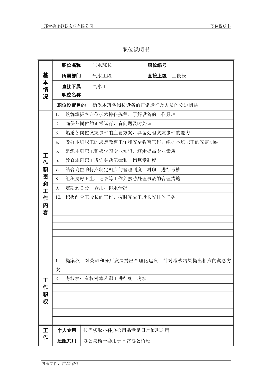 动力厂气水班长职位说明书.doc_第1页