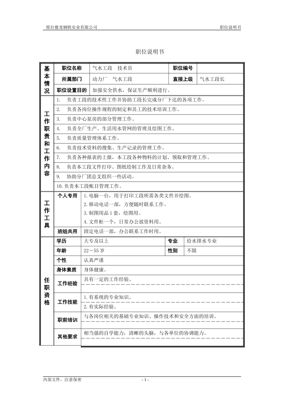 动力厂气水工段技术员职位说明书.doc_第1页