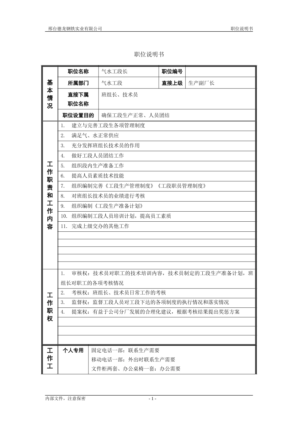 动力厂气水工段长职位说明书.doc_第1页