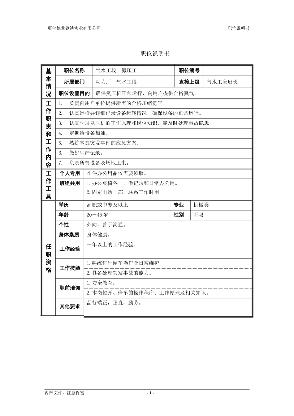 气水工段氮压工职位说明书.doc_第1页