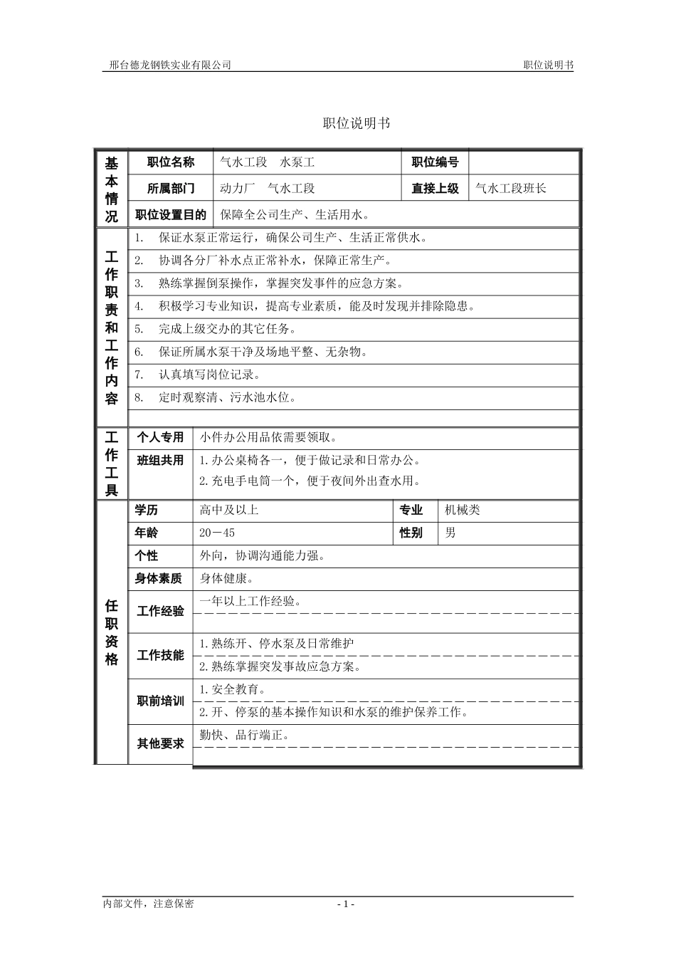 气水工段水泵工职位说明书.doc_第1页