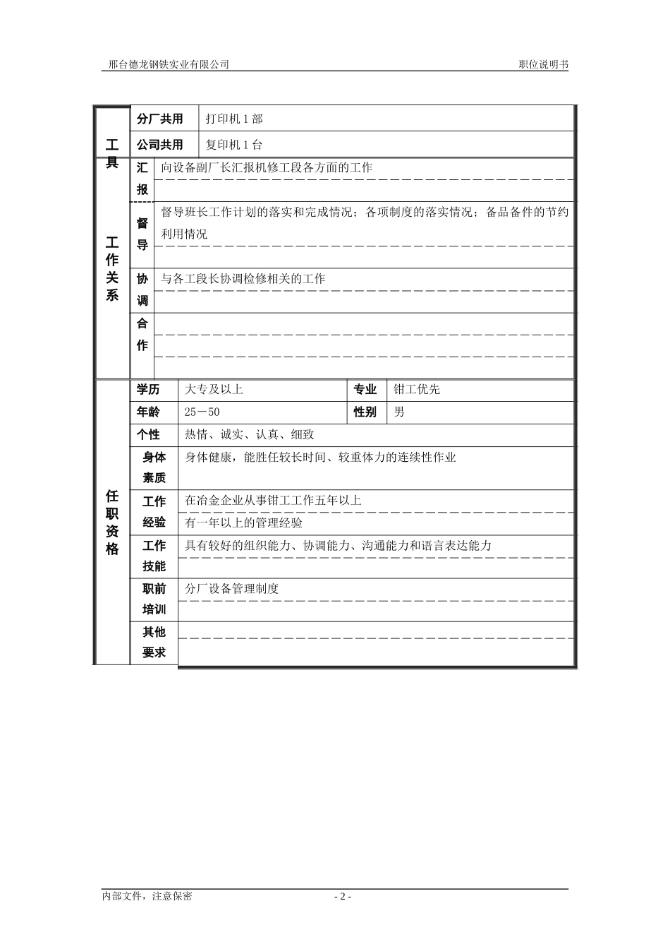 动力厂机修工段长职位位的职位说明书.doc_第2页
