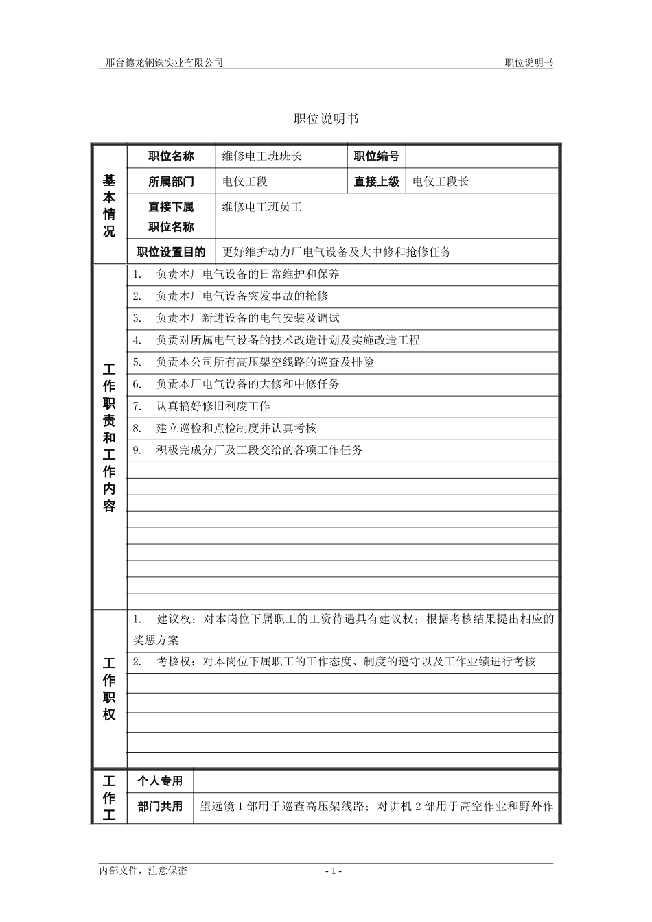 电仪工段维修电工班班长职位说明书.doc_第1页