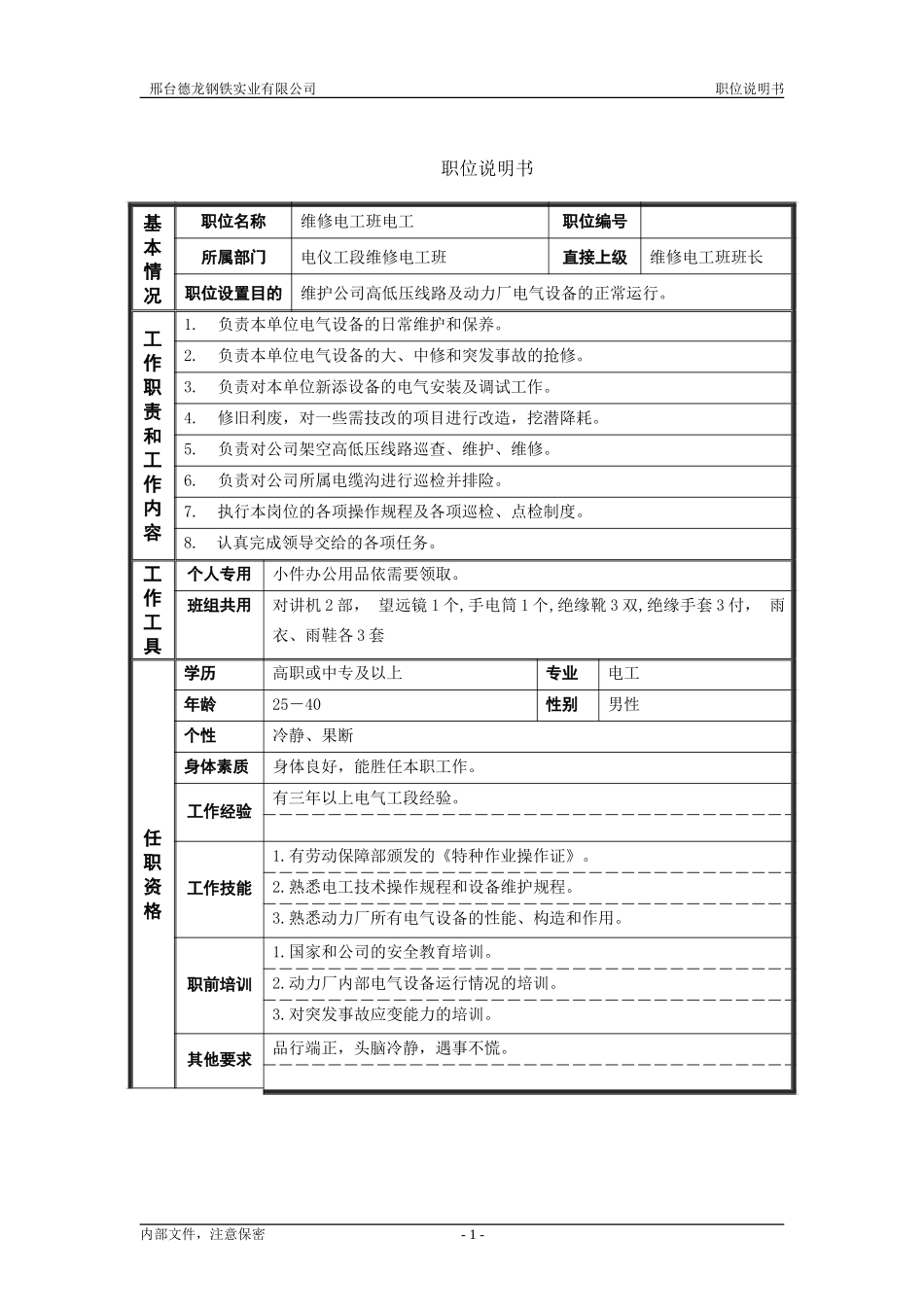 电仪工段维修电工班电工职位说明书.doc_第1页