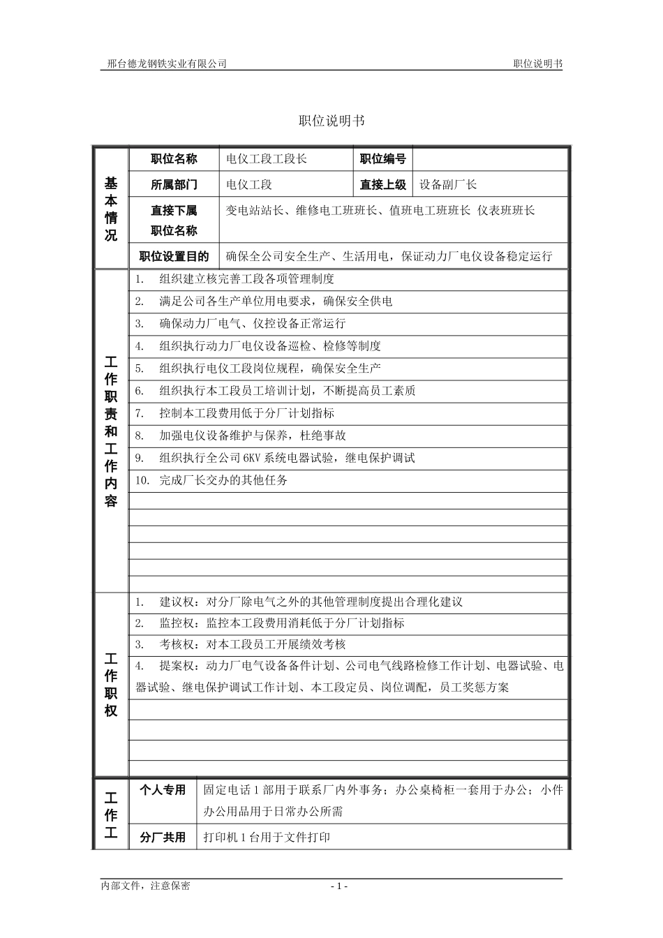 电仪工段长职位说明书.doc_第1页