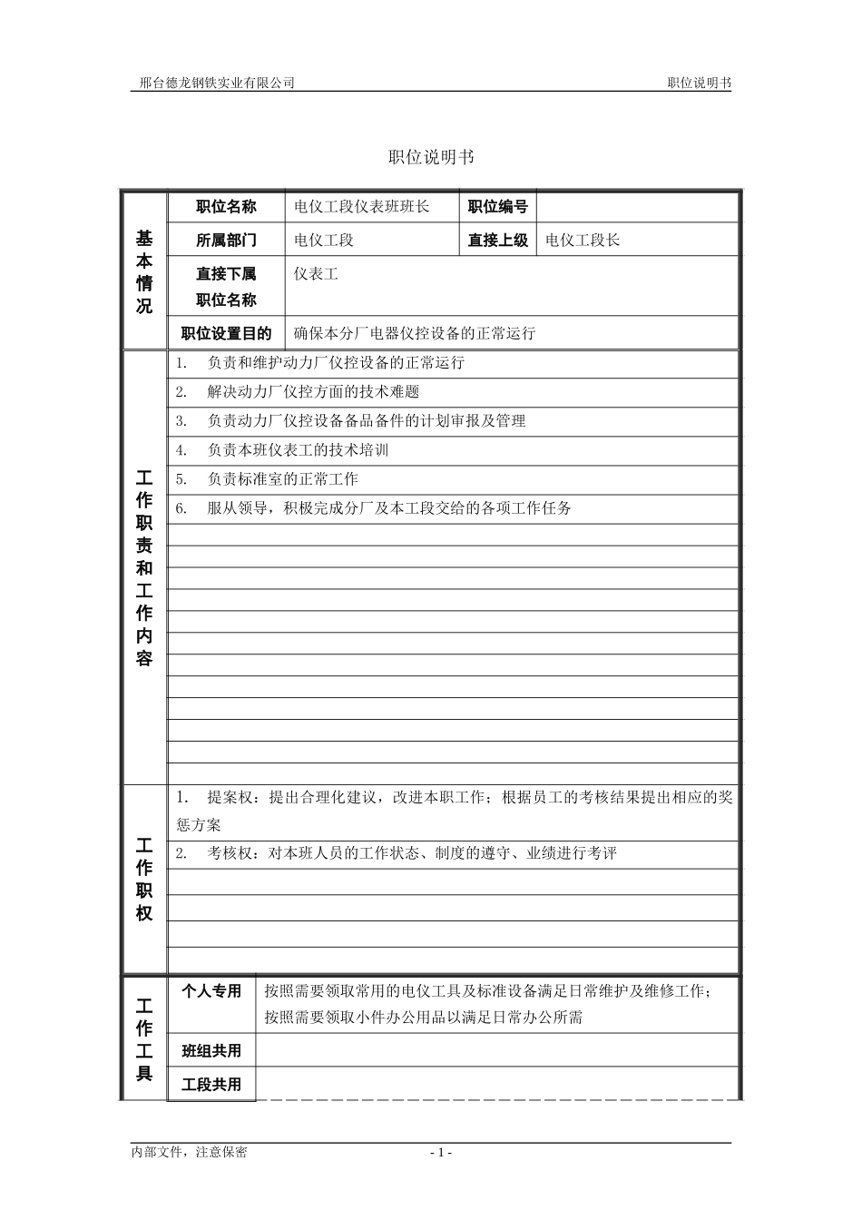 仪表班班长管理职位的职位说明书.doc_第1页