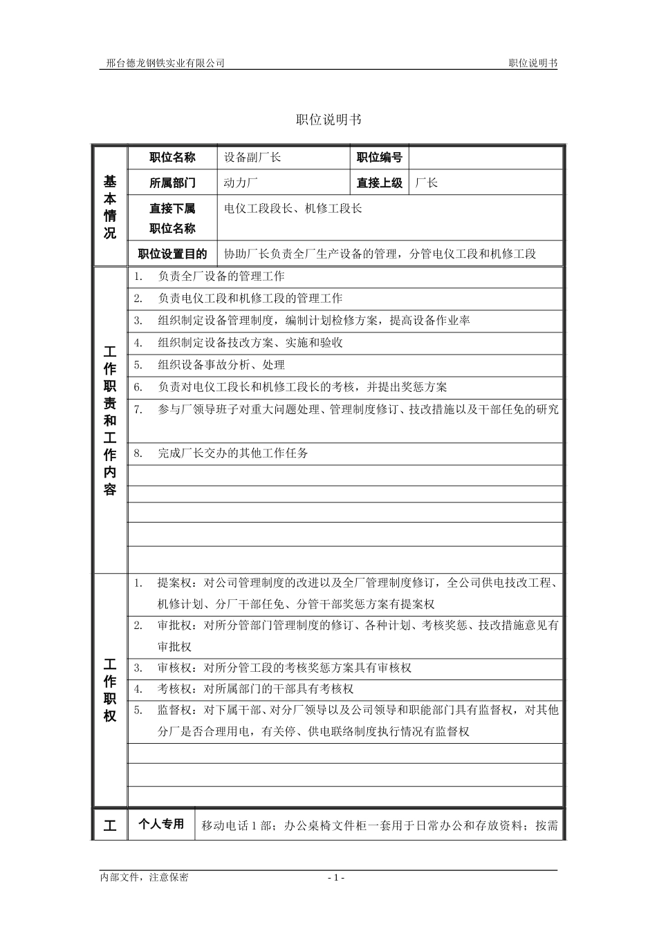 动力厂设备副厂长职位说明书.doc_第1页