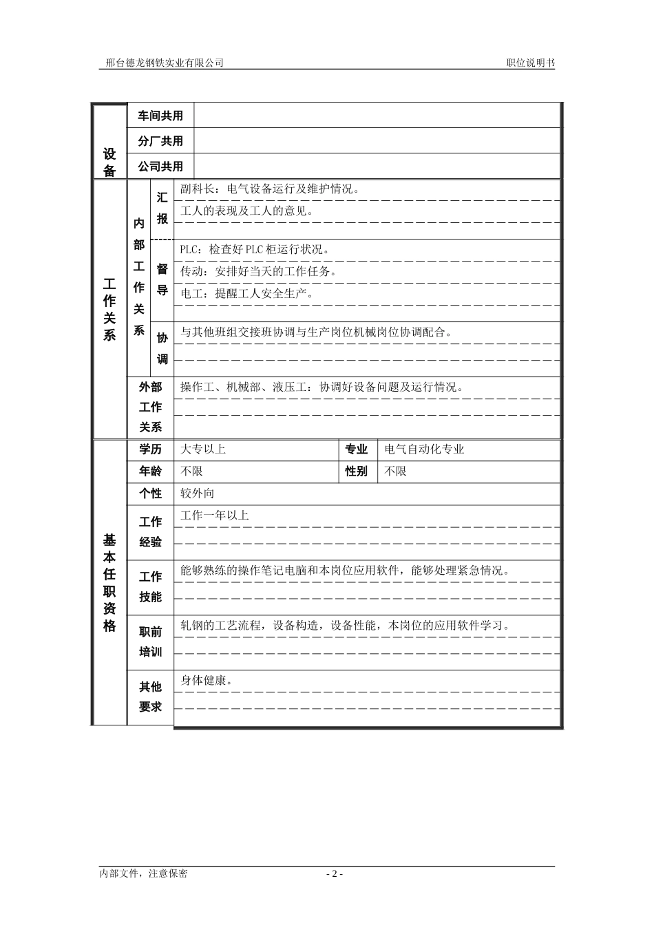 轧钢厂自动化科白班电工班长岗位职位说明书.doc_第2页
