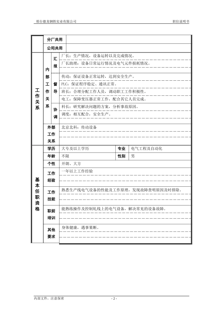轧钢厂自动化科副科长岗位职位说明书.doc_第2页