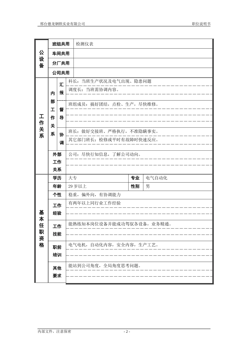 轧钢厂自动化科三班电工班长岗位职位说明书.doc_第2页