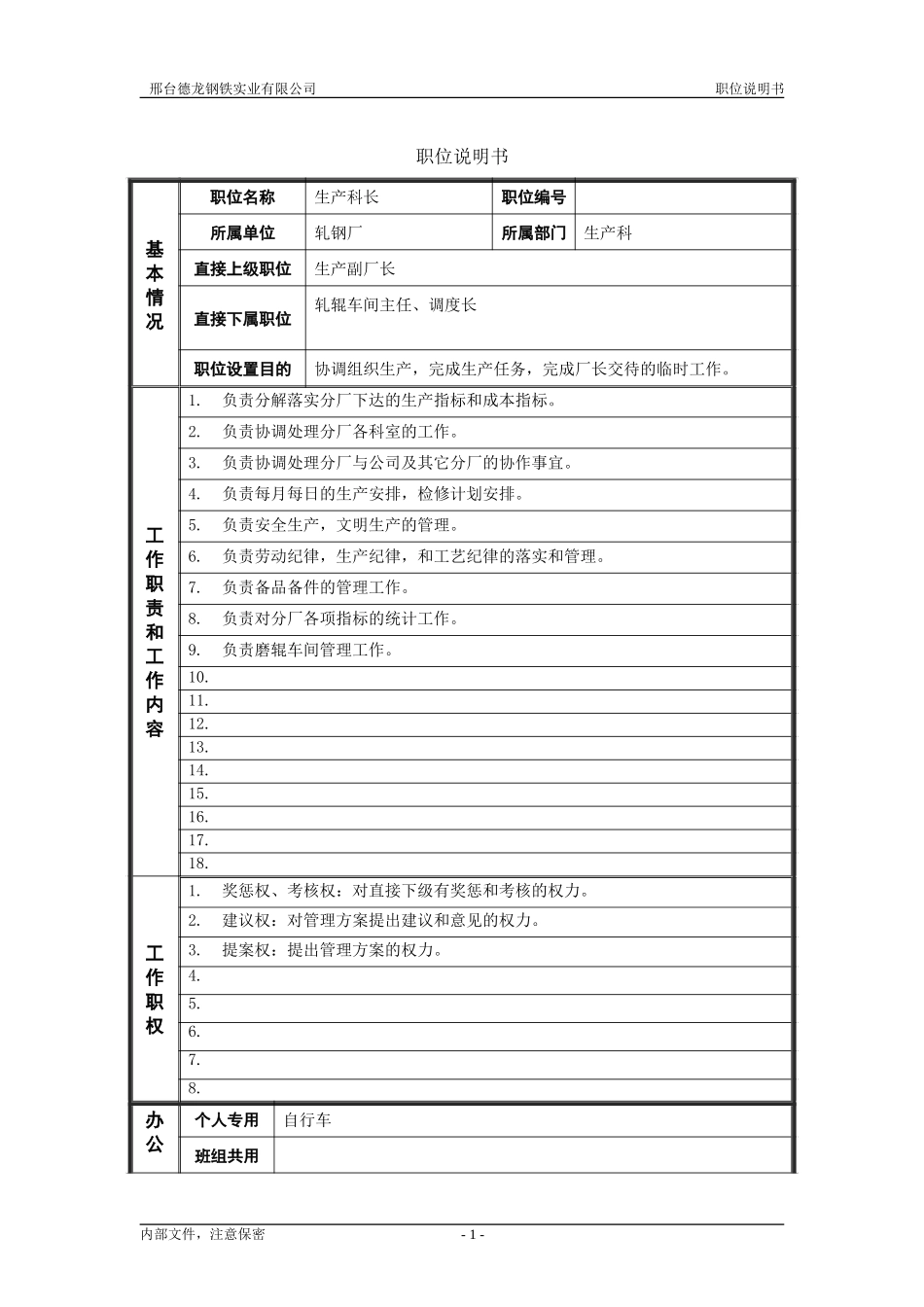 轧钢厂生产科科长岗位职位说明书.doc_第1页