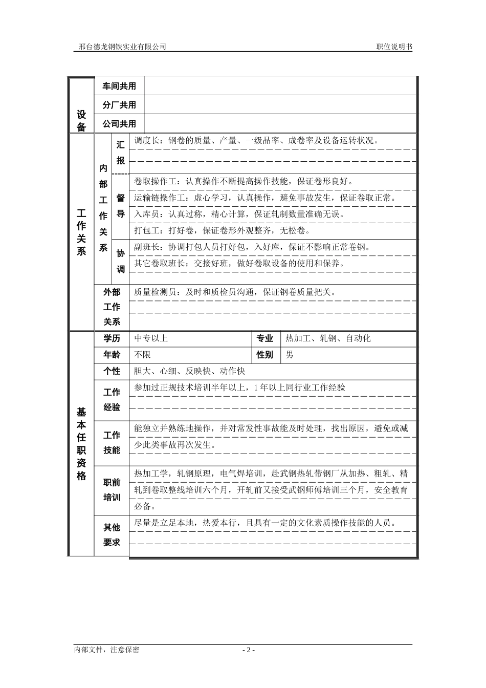 轧钢厂生产科轧钢工段卷取班长岗位职位说明书.doc_第2页
