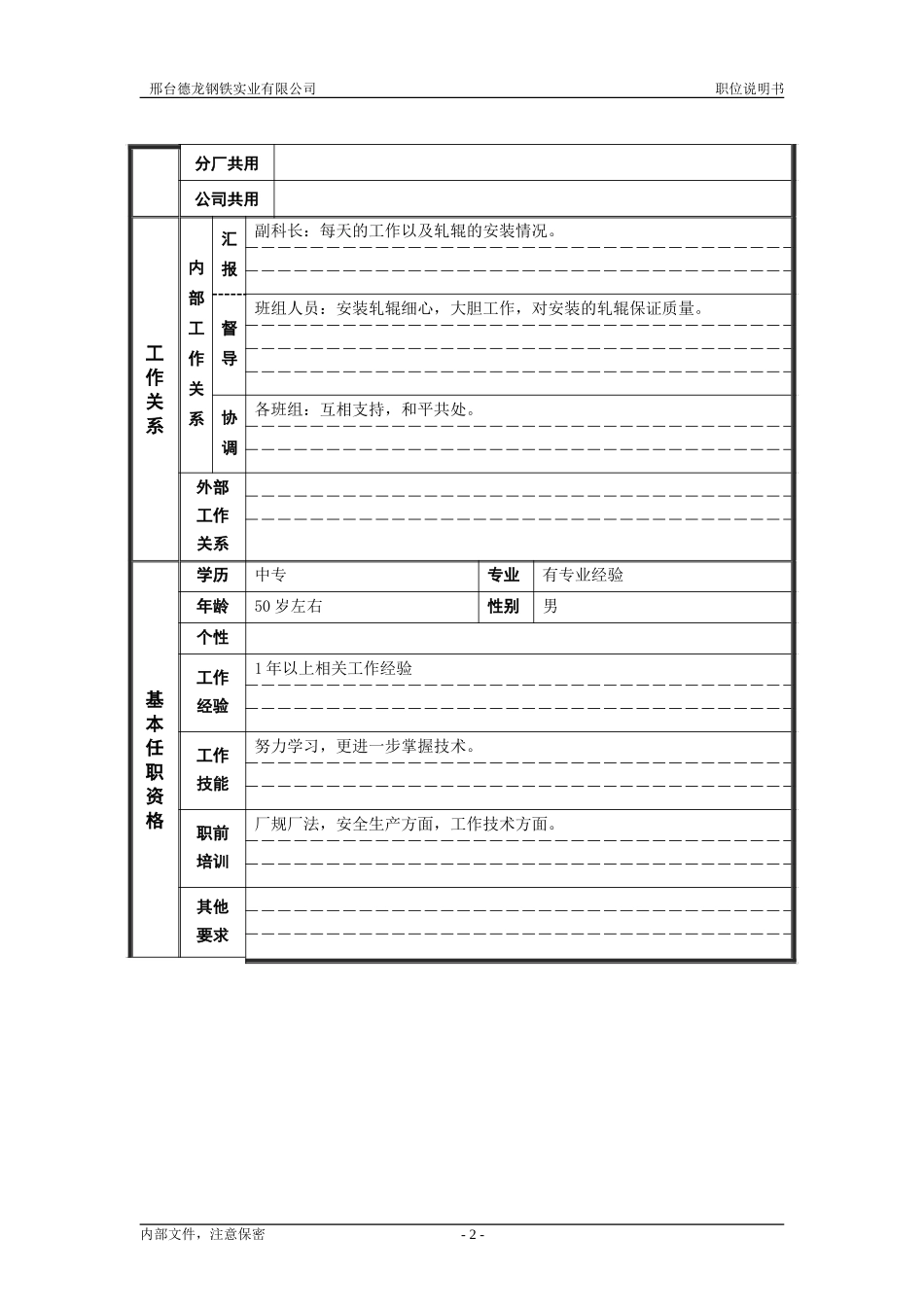 轧钢厂生产科轧辊车间车间白班装配班长岗位职位说明书.doc_第2页