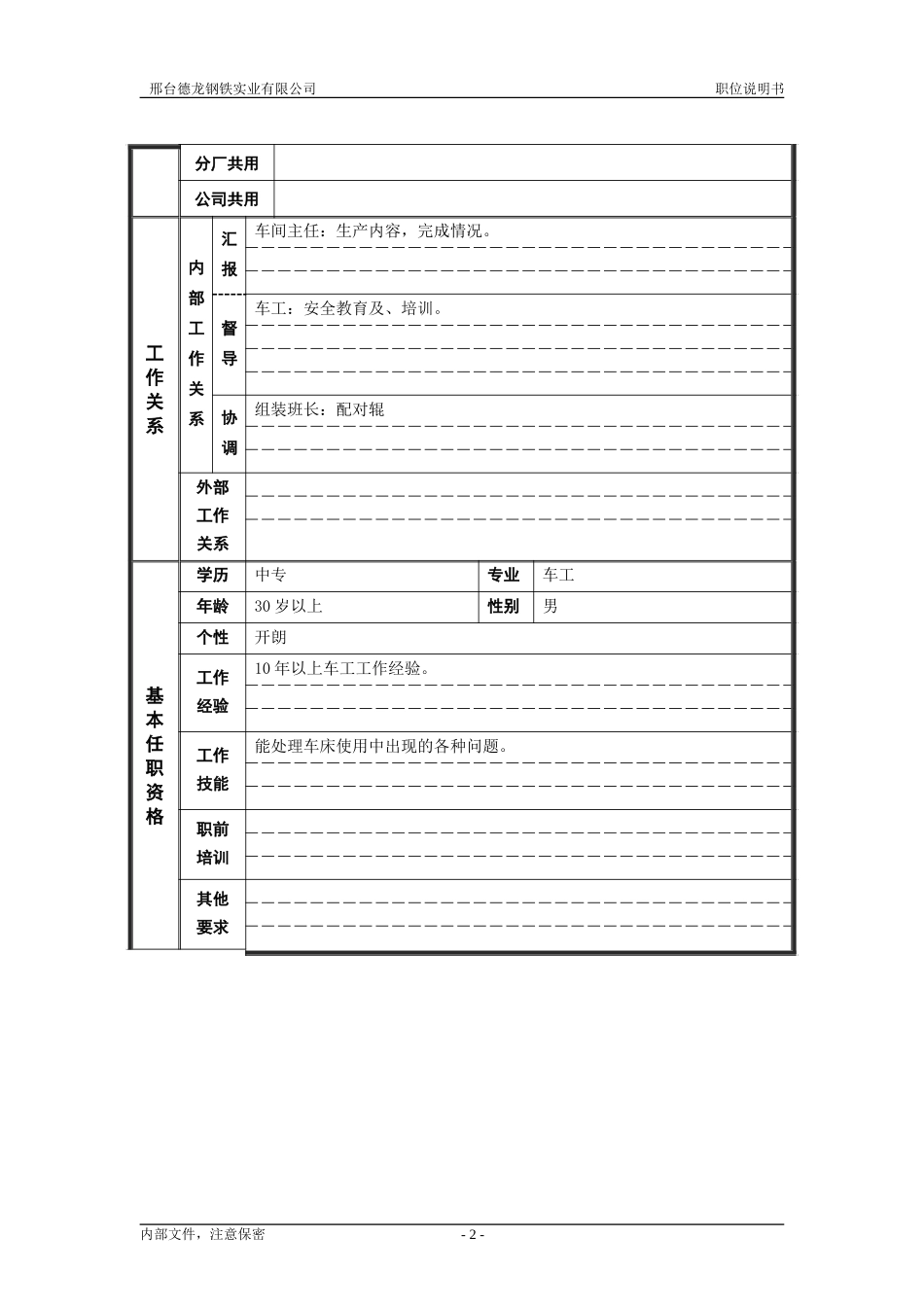 轧钢厂生产科轧辊车间车间车磨班长岗位职位说明书.doc_第2页