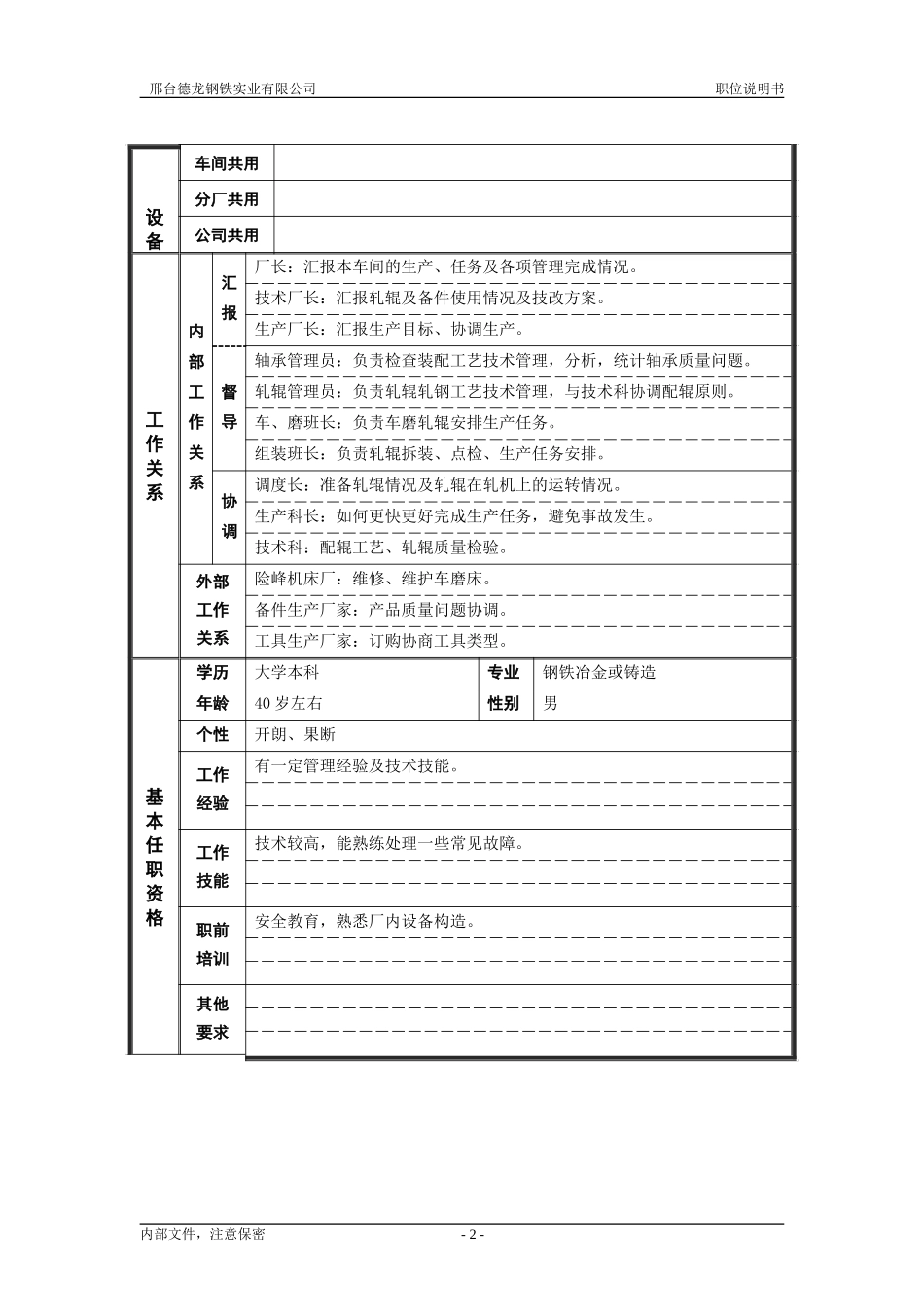 轧钢厂生产科轧辊车间车间主任岗位职位说明书.doc_第2页