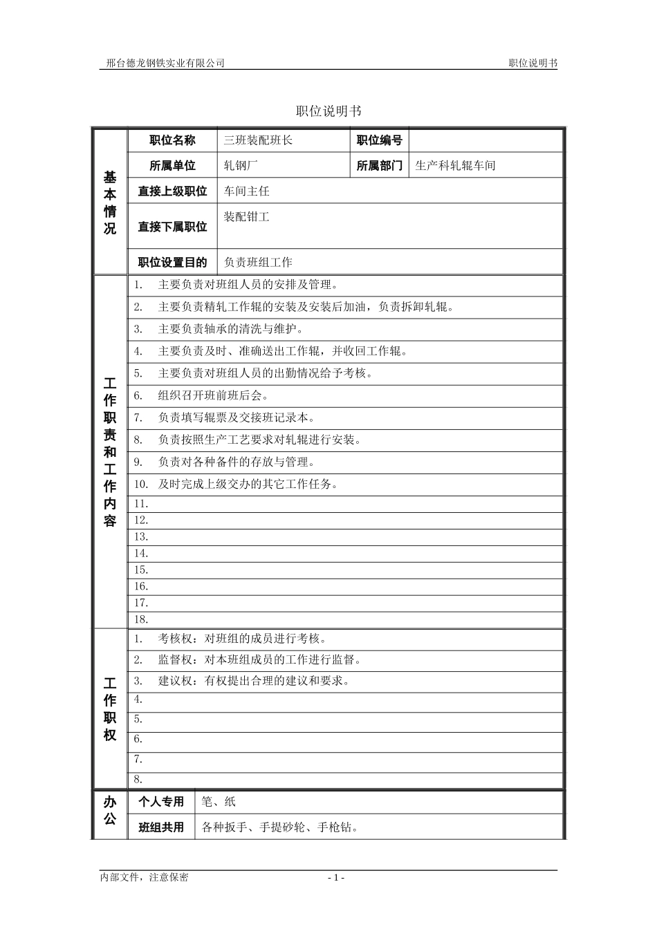 轧钢厂生产科轧辊车间三班装配班长岗位职位说明书.doc_第1页