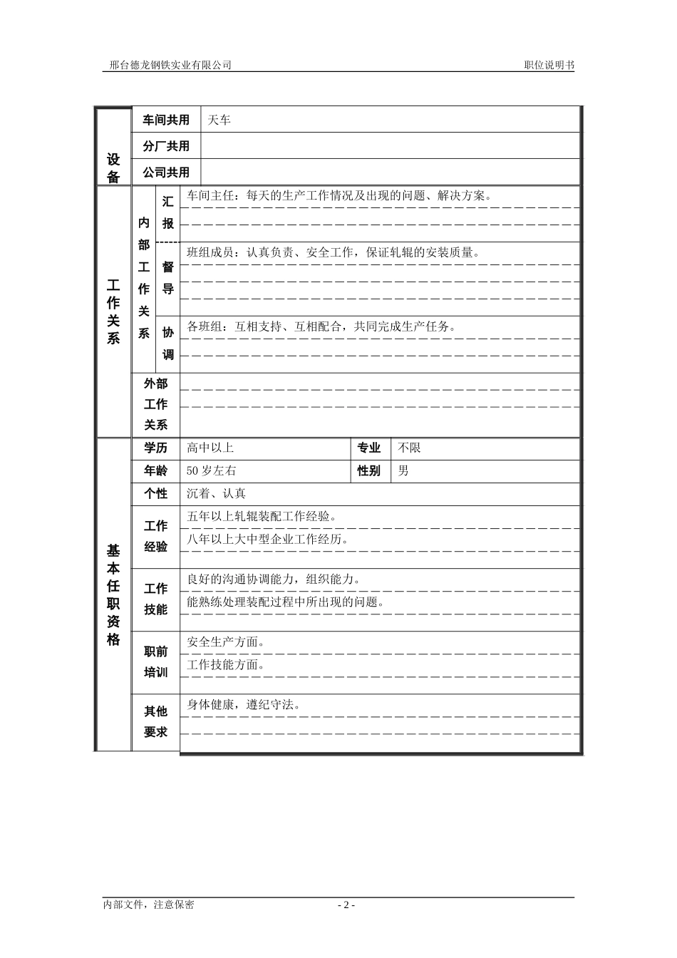 轧钢厂生产科轧辊车间三班装配班长岗位职位说明书.doc_第2页
