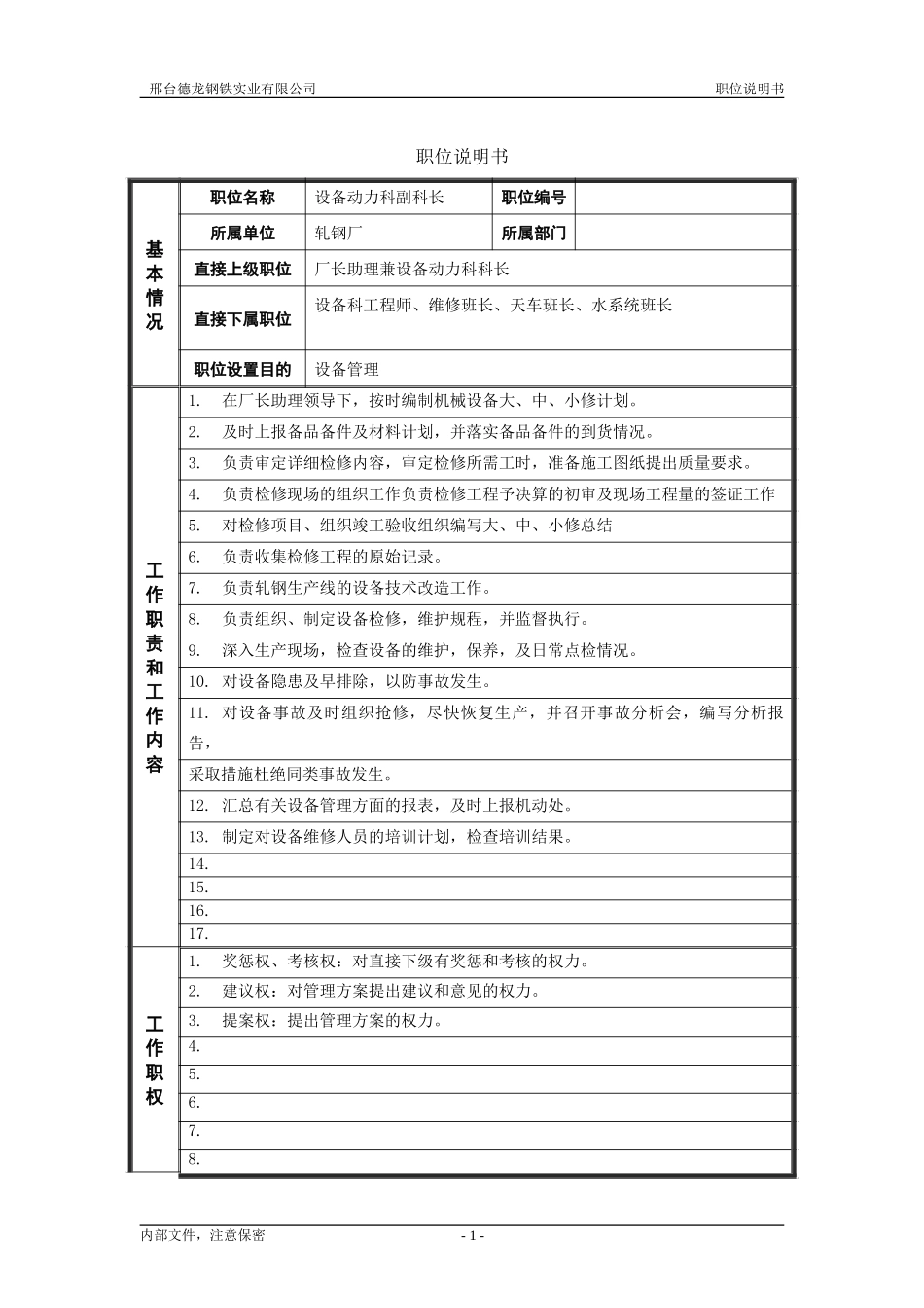 轧钢厂设备动力科副科长岗位职位说明书.doc_第1页