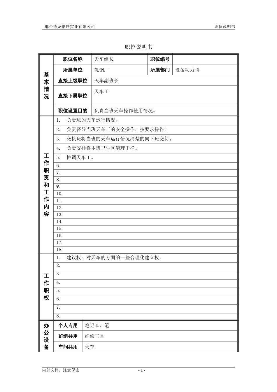 轧钢厂设备动力科天车组长职责.doc_第1页
