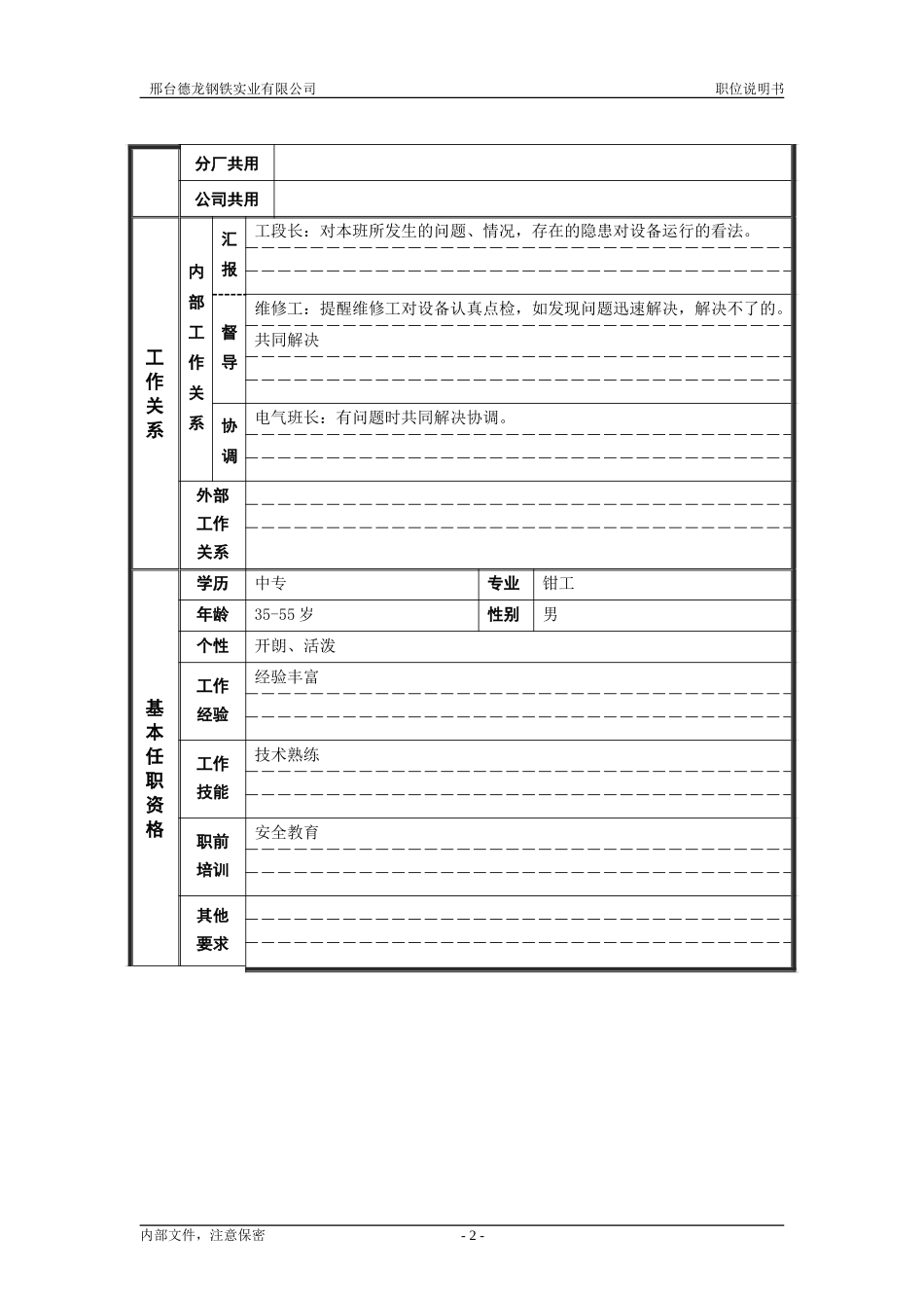 轧钢厂设备动力科维修班长岗位职位说明书.doc_第2页