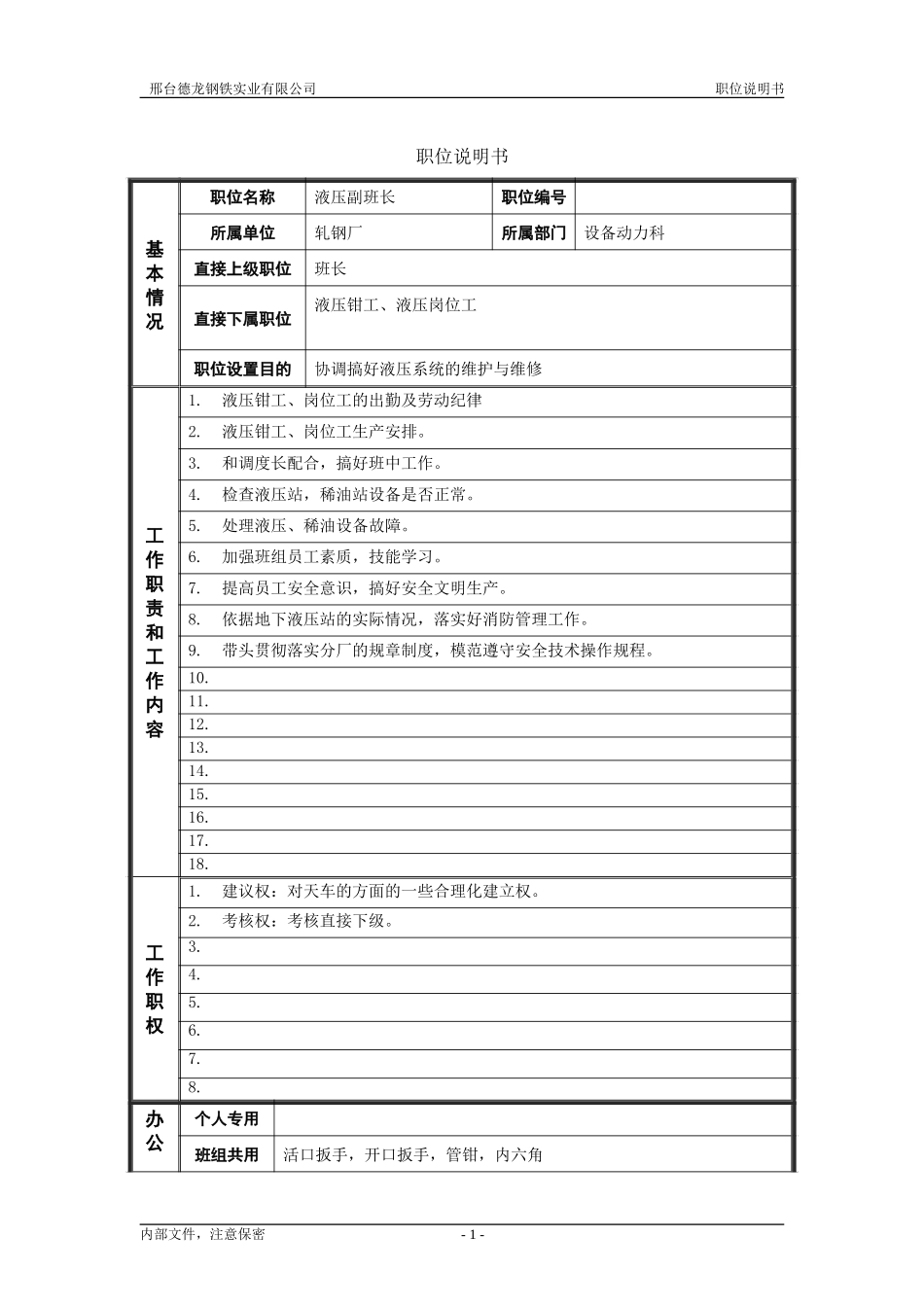 轧钢厂设备动力科液压副班长岗位职位说明书.doc_第1页