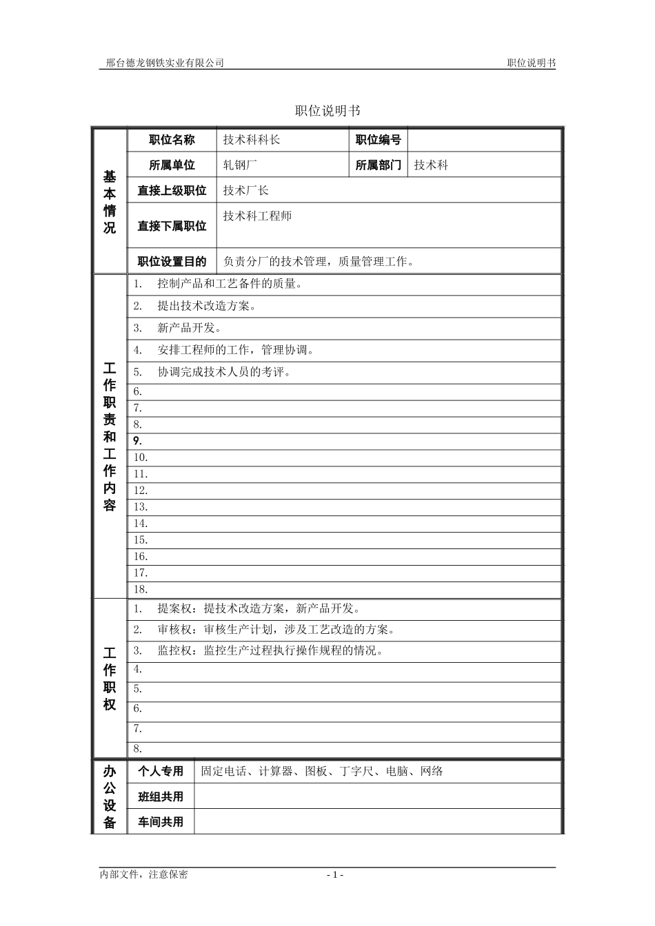 轧钢厂技术科长职位说明书.doc_第1页
