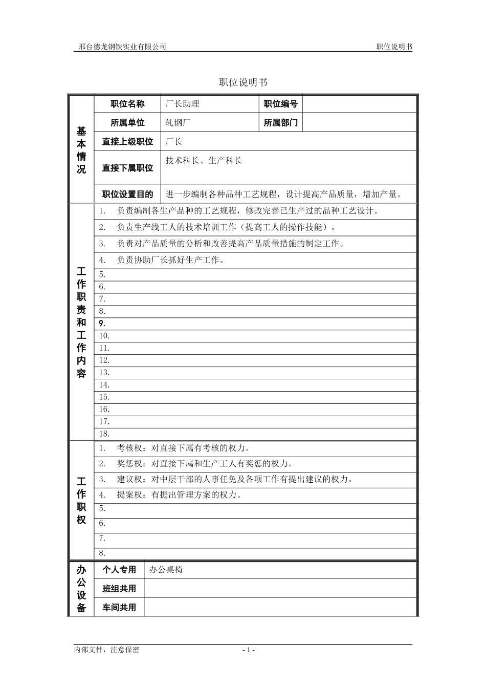 轧钢厂（工艺）厂长助理岗位说明书.doc_第1页