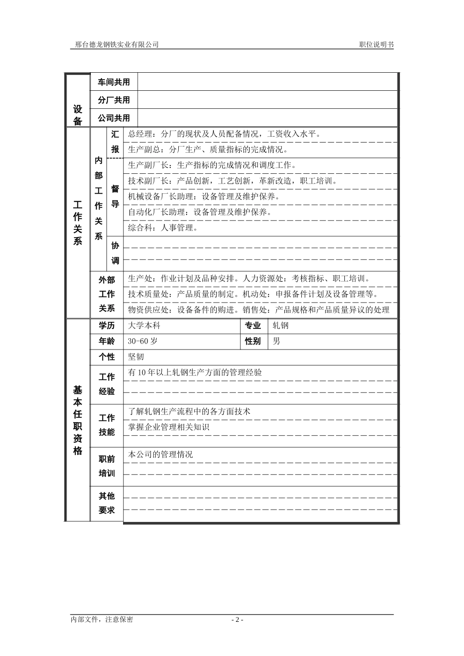轧钢厂厂长岗位职位说明书.doc_第2页