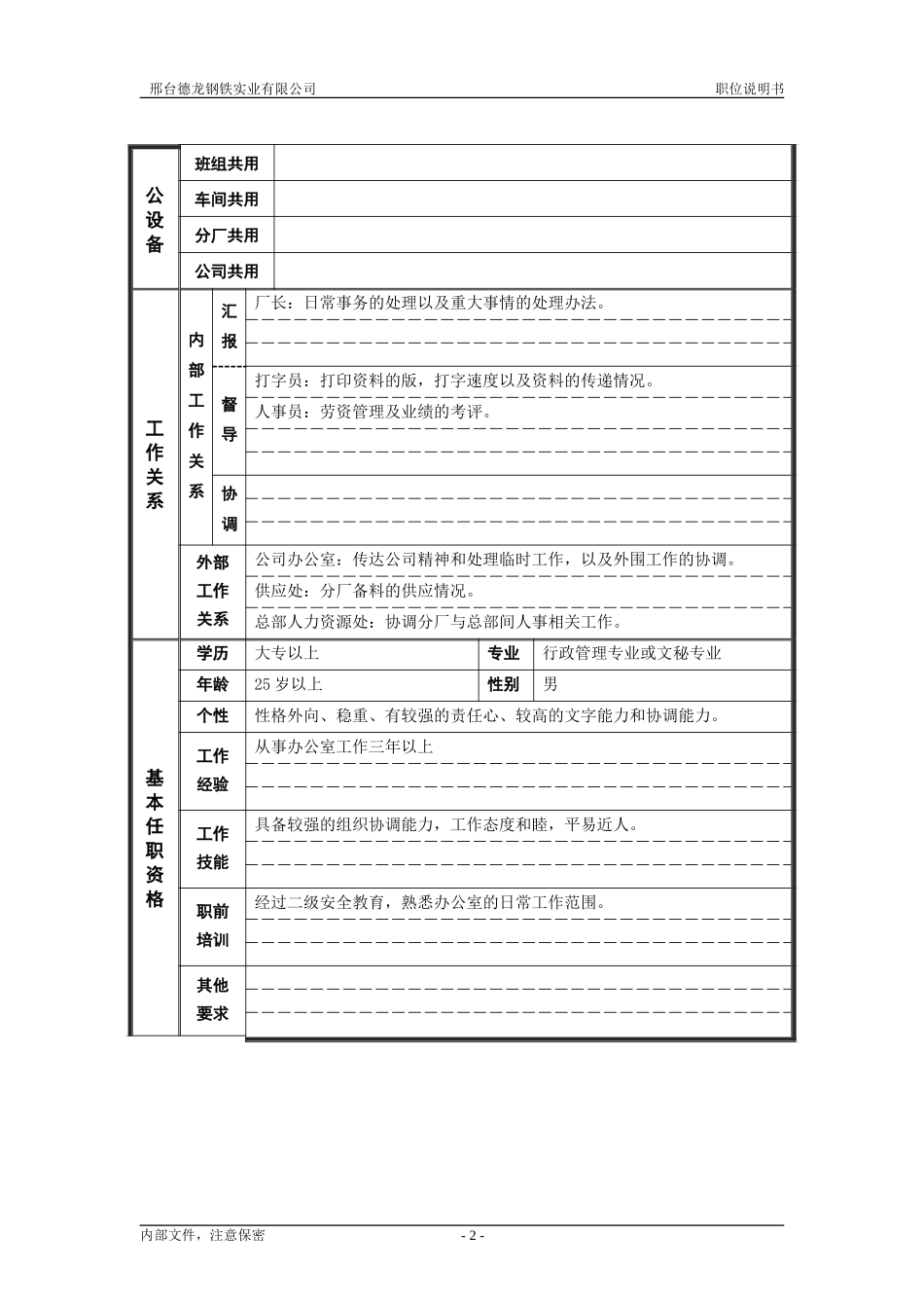 轧钢厂综合科科长岗位职位说明书.doc_第2页