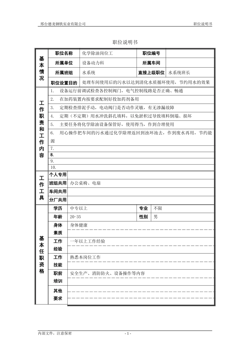 轧钢厂设备动力科水系统化学除油岗位工职位说明书.doc_第1页