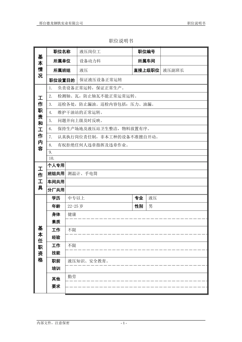轧钢厂设备动力科液压岗位工职位说明书.doc_第1页