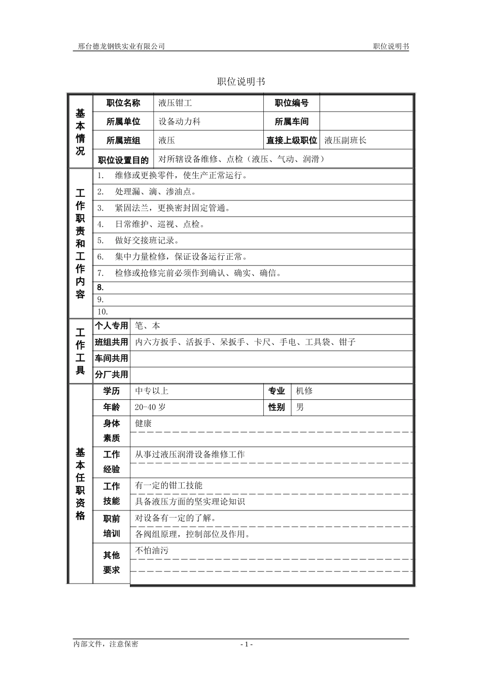 轧钢厂设备动力科液压钳工岗位职位说明书.doc_第1页