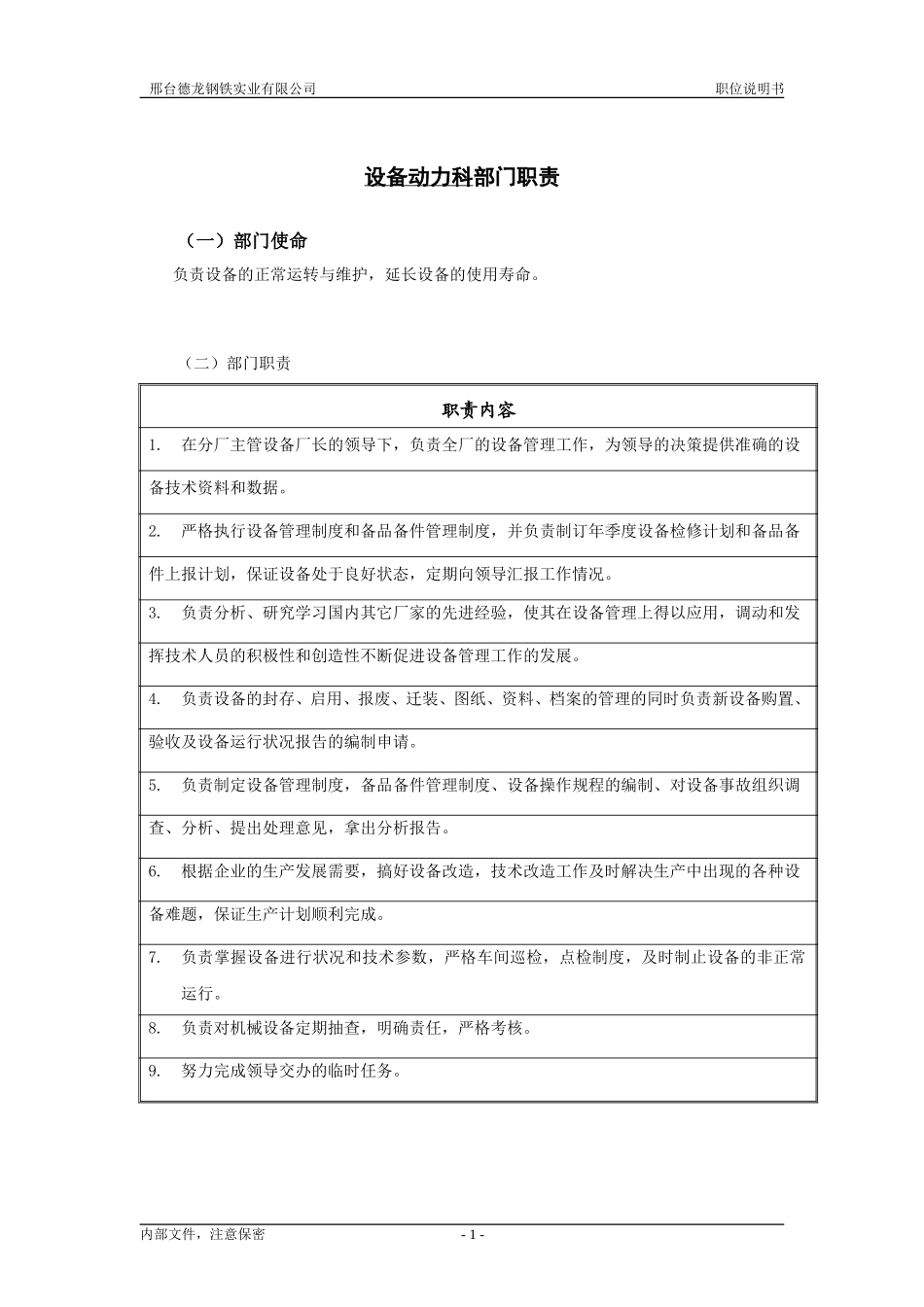 轧钢厂设备动力科职责.doc_第1页