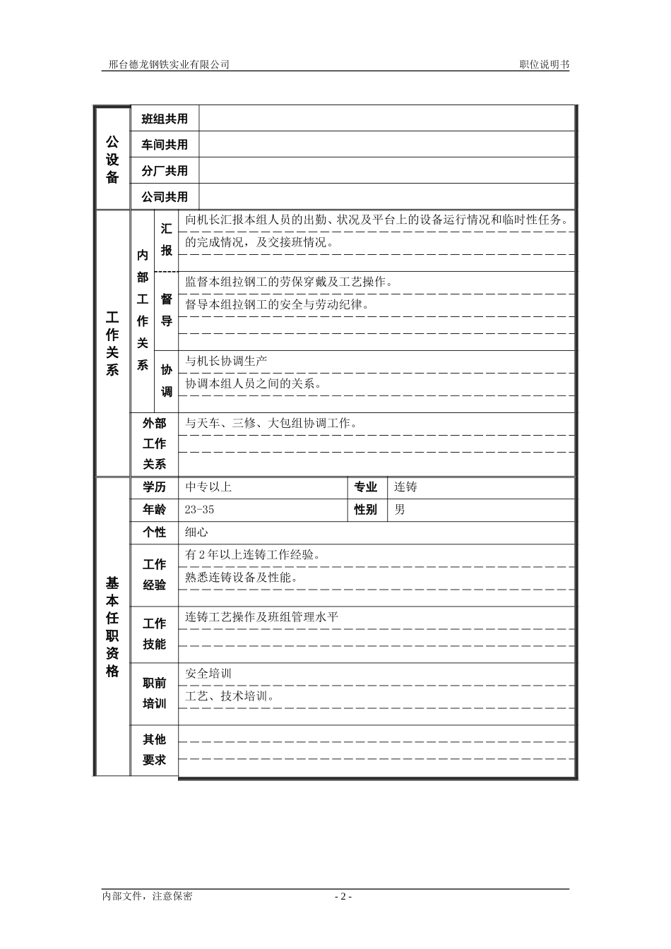 连铸拉钢班长职位说明书 .doc_第2页