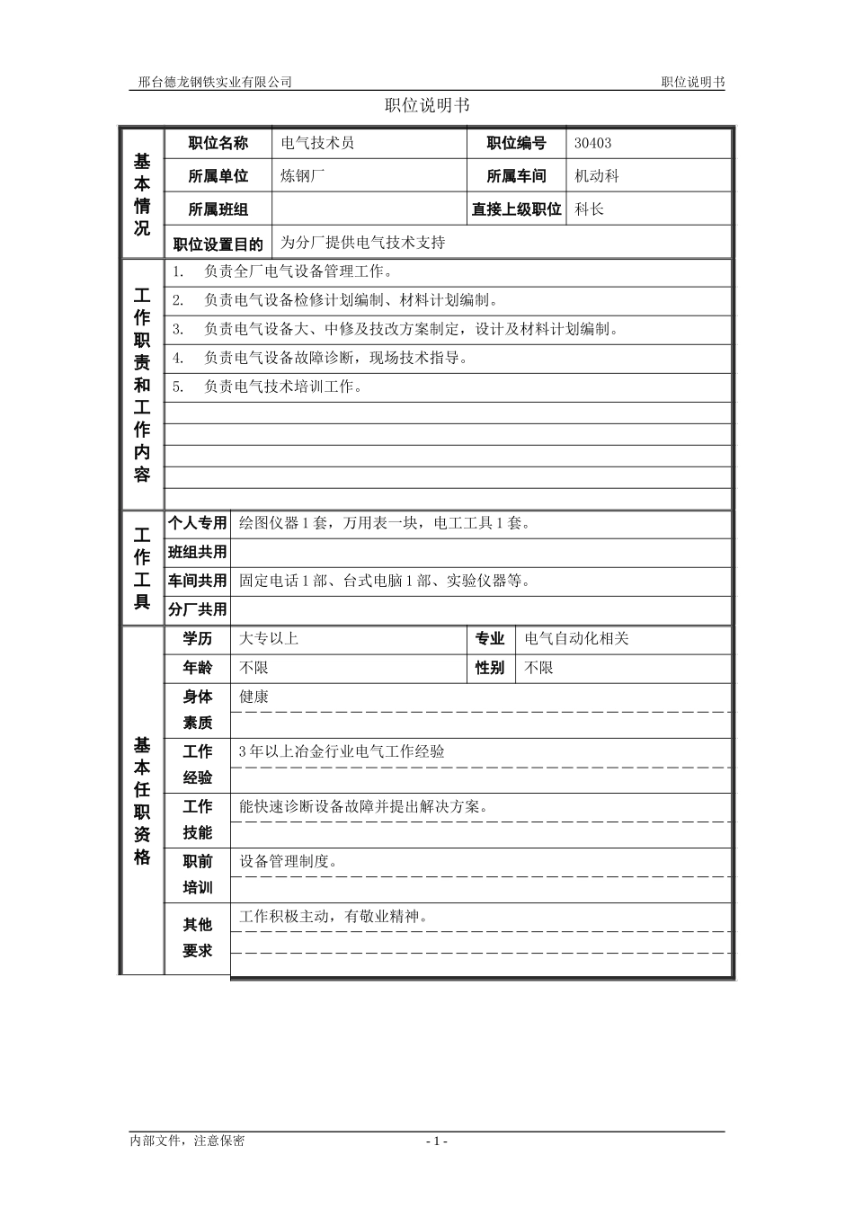 6电气技术员职位说明书.doc_第1页