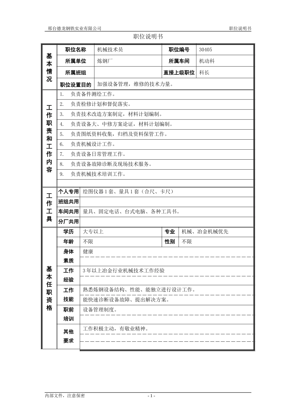 7机械技术员职位说明书.doc_第1页