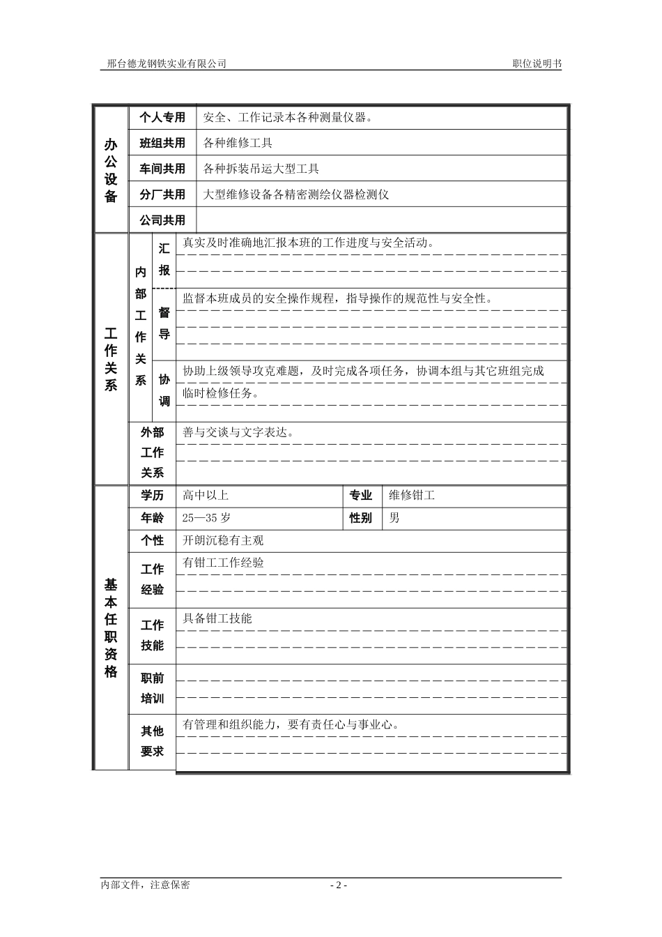 3炼钢厂机电车间钳工班长职位说明书.doc_第2页